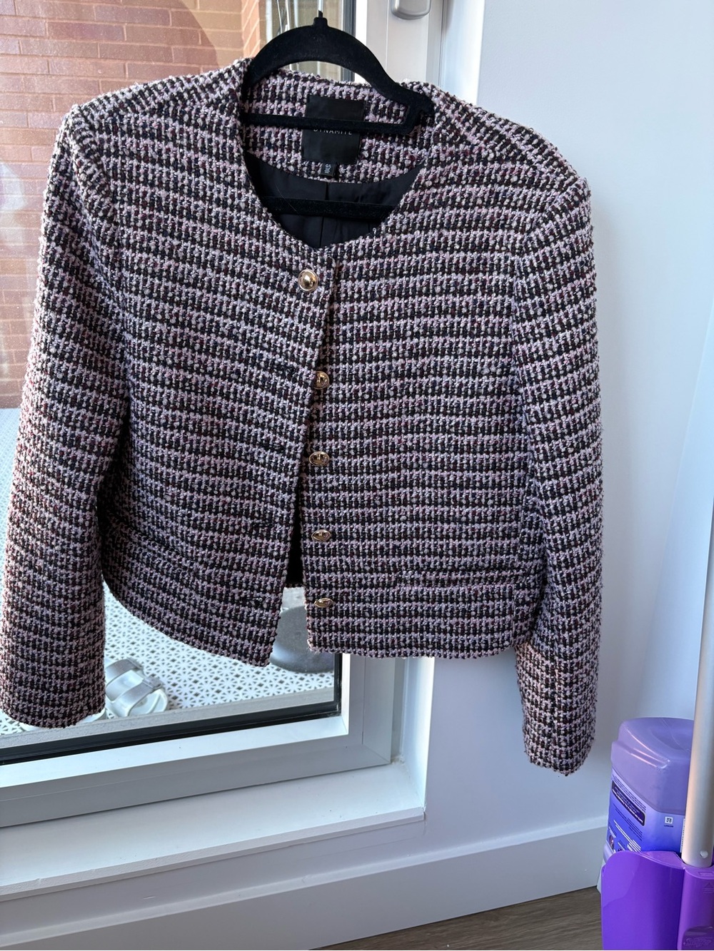 Dynamite Pink and Black Tweed Collarless Jacket